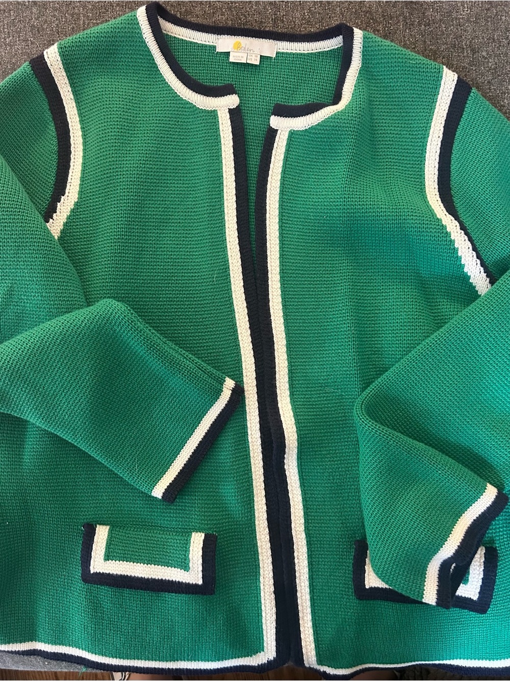 Boden Green Open-Front Cardigan with Navy and White Trim